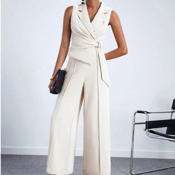 . Pants - Beige Elegant Womens Lapel Neck Belted Wide Leg Jumpsuit